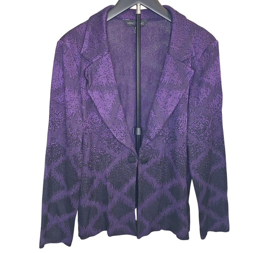 Ming Wang XL Purple Black Knit Jacket Blazer Lapel Openwork Textured Single Hook